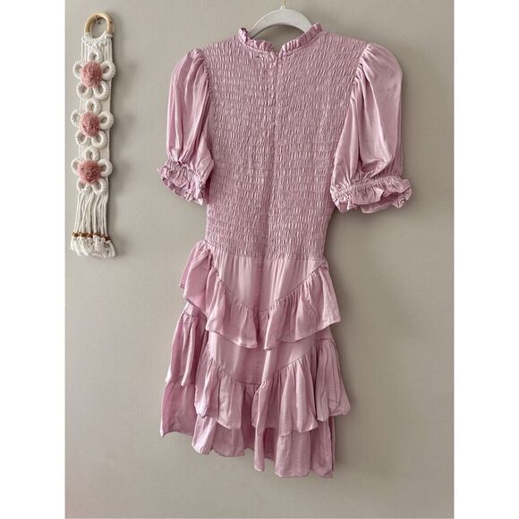 Olivaceous Smocked Tiered Ruffle Mini Dress Satin Pink Size Small NEW - Picture 5 of 8
